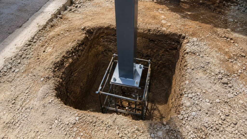 Carport Footings & Engineering: What Homeowners Rarely Get Told 2 Steel carport post and reinforcement positioned inside a prepared footing hole before concrete is poured.