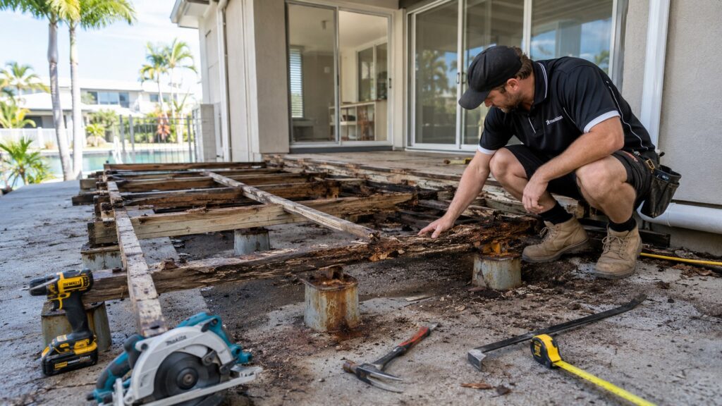 Patio Renovation: Before & After Breakdown - What Changed, Why, and For How Much 2 Builder inspecting rotten bearers and damaged footings uncovered during a patio renovation.