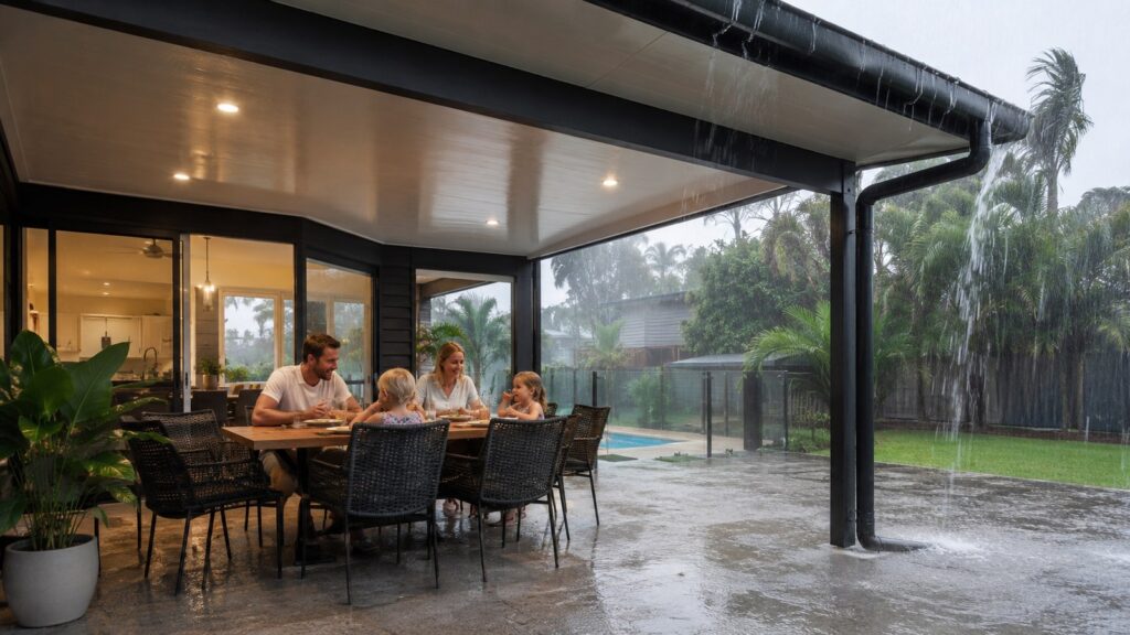 Patio Renovation: Before & After Breakdown - What Changed, Why, and For How Much 3 Insulated patio roof protecting an outdoor dining area during heavy rain.