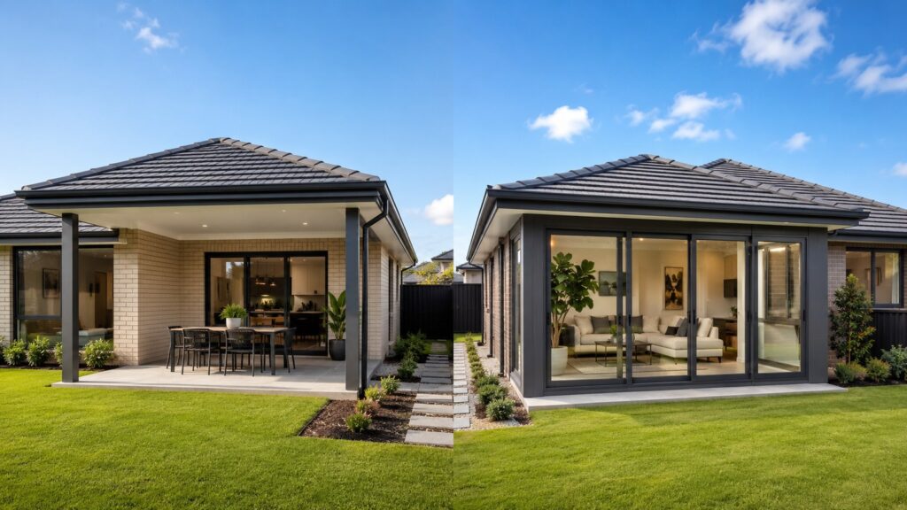 When a Patio Extension Makes More Sense Than a Full Outdoor Room 1 Comparison between an open patio extension and a fully enclosed outdoor room.