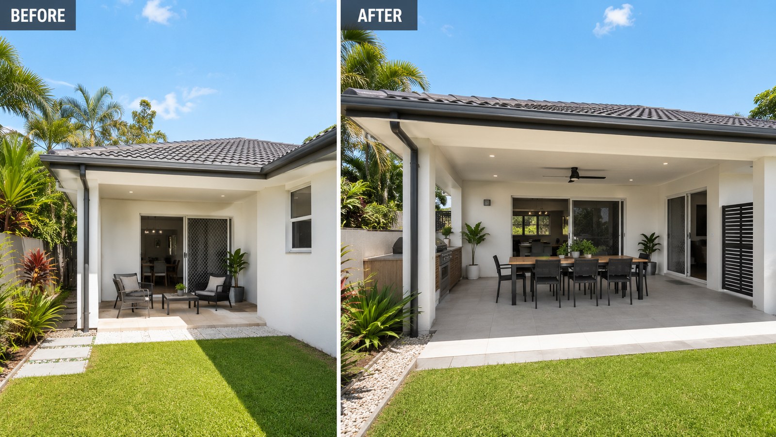 Before-and-after view of a small patio transformed into a larger covered outdoor entertaining area.