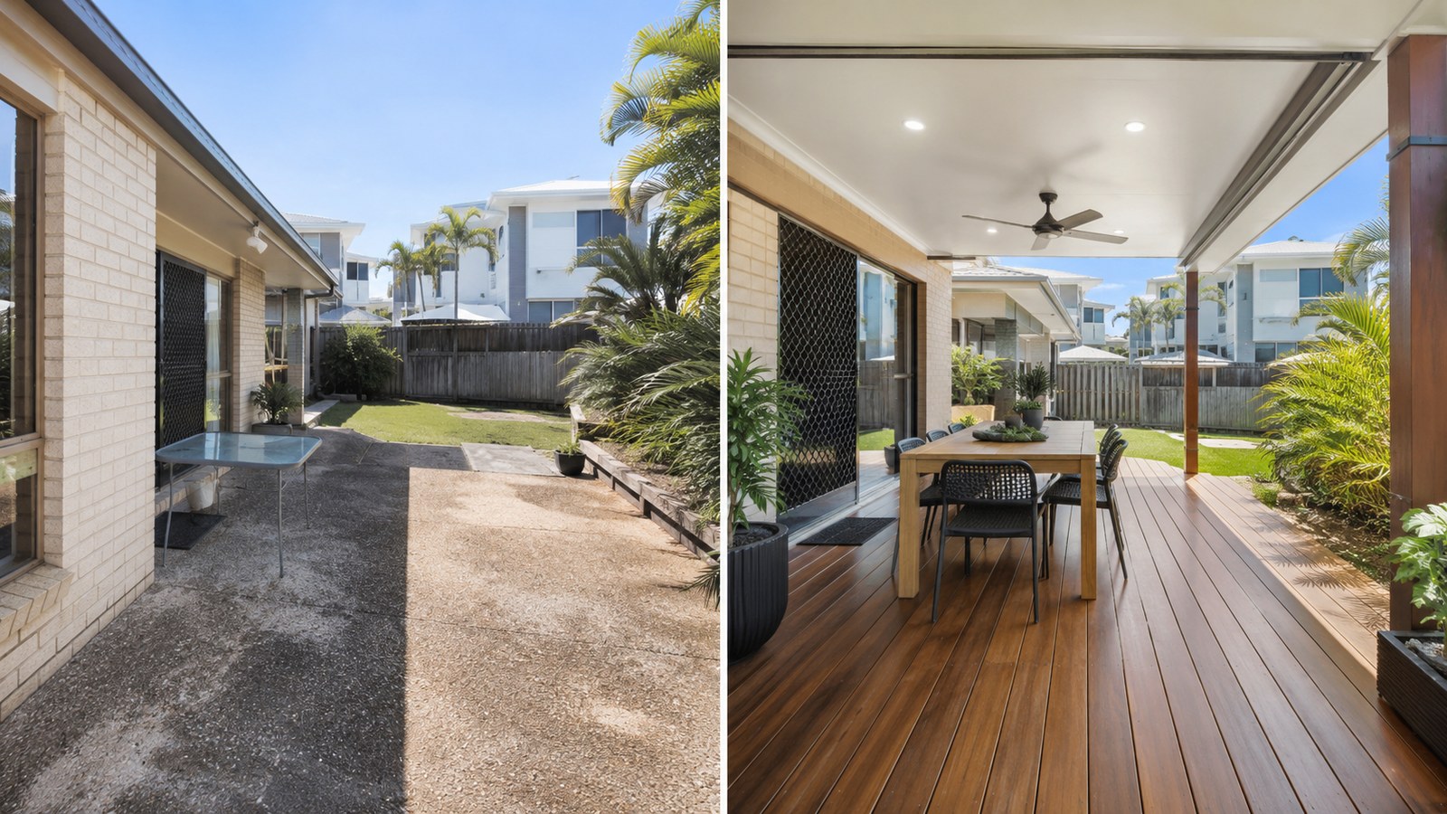 Patio Renovation: Before & After Breakdown - What Changed, Why, and For How Much 1 Before-and-after comparison of an outdated patio renovated into a covered modern alfresco area.