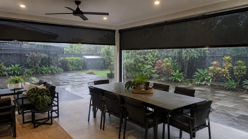 Retractable patio blinds protecting an outdoor dining area from heavy wind-driven rain.