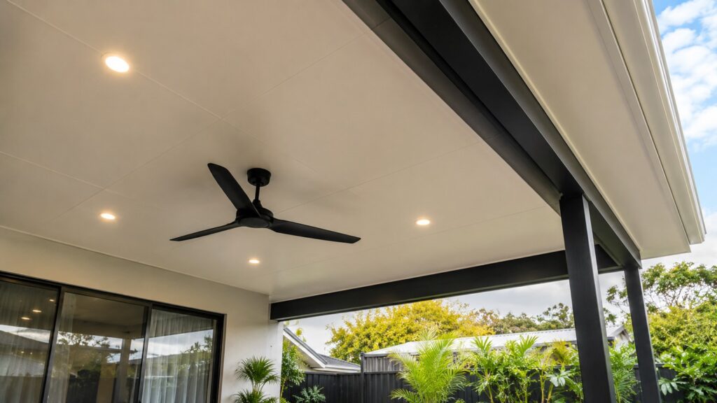 Insulated patio roof fitted with a ceiling fan and recessed LED downlights.
