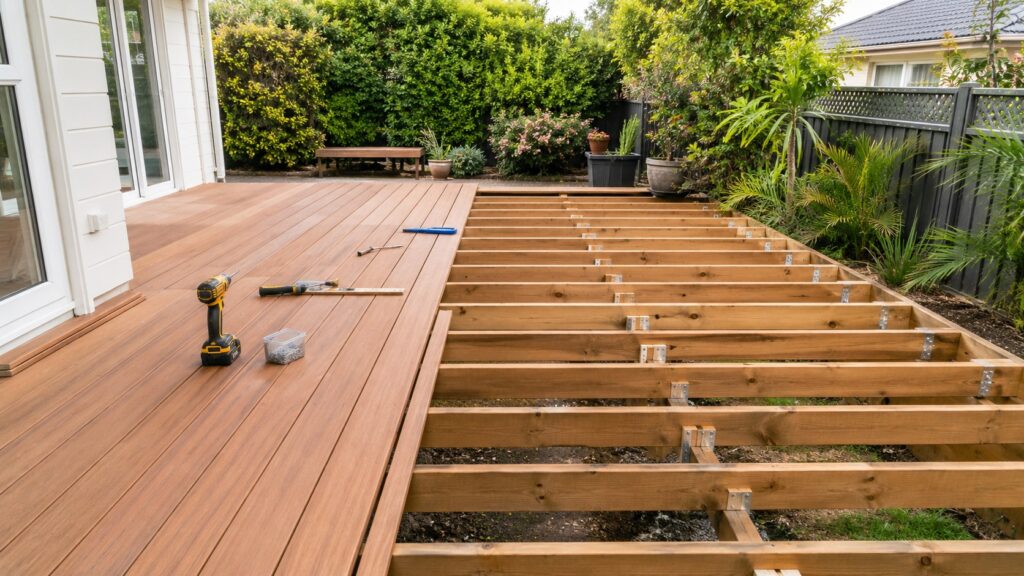 Partially constructed deck showing the timber subframe and decking boards during installation.