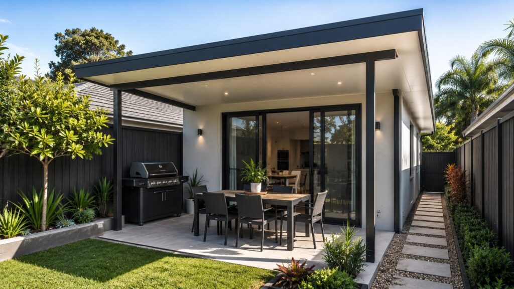 Flat skillion patio roof covering a compact outdoor entertaining area.