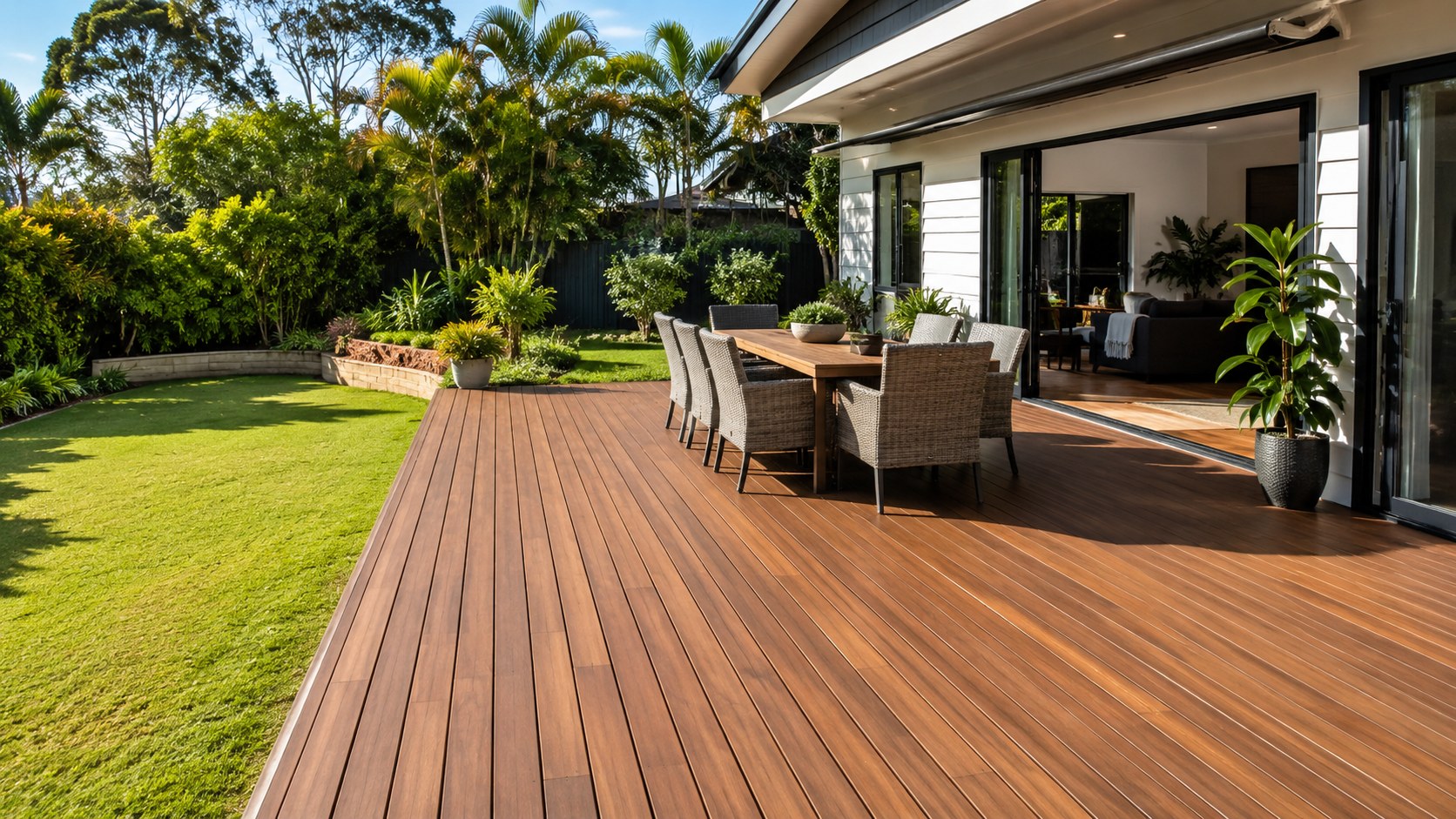 Completed timber deck beside a modern Gold Coast home with an outdoor dining area.