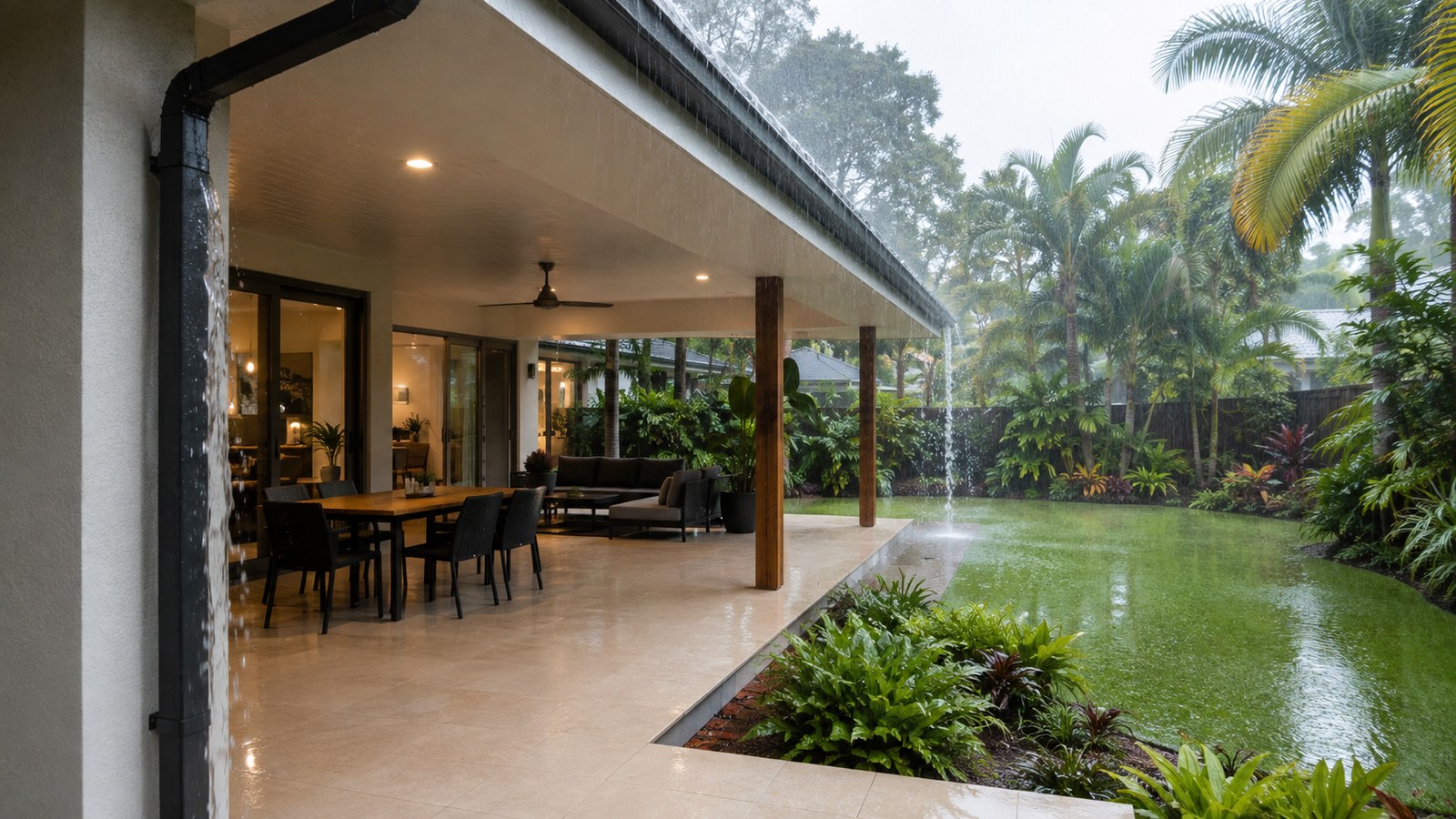 Modern Gold Coast patio with effective gutter drainage during heavy rain