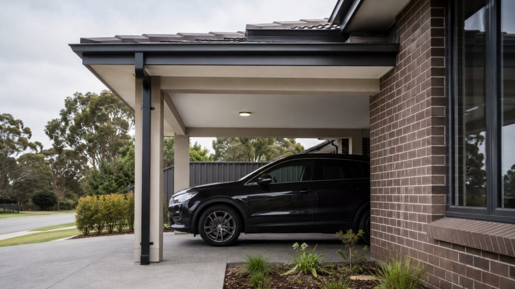 Attached vs Freestanding Carports: Which Suits Your Home Better? 1 Attached carport integrated with a home's existing roofline and guttering.