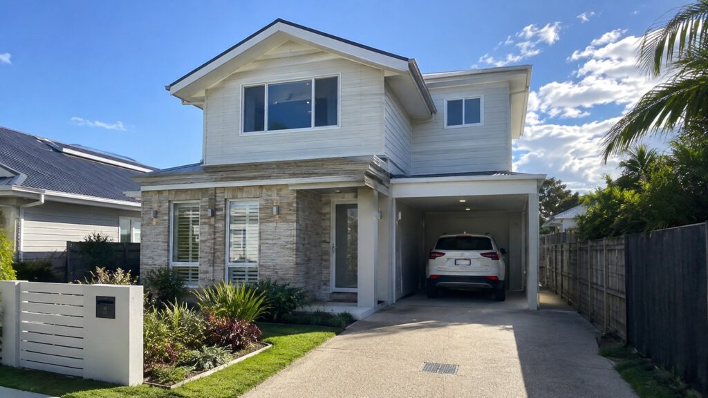 Attached vs Freestanding Carports: Which Suits Your Home Better? 2 Compact attached carport making efficient use of a narrow Gold Coast block.