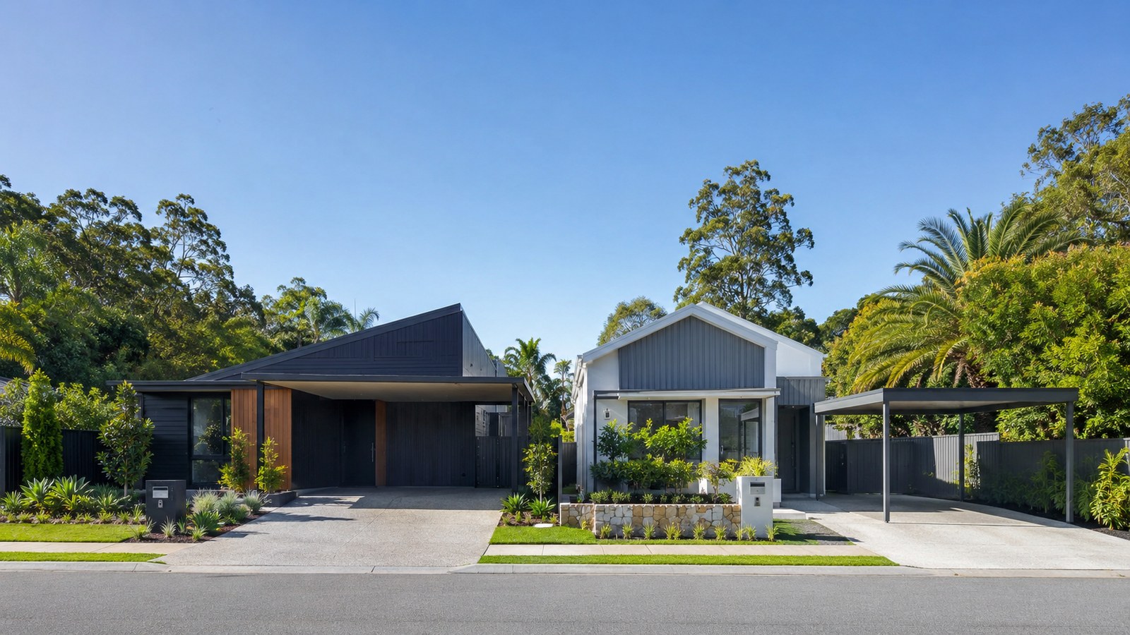 Attached and freestanding carports shown beside modern Gold Coast homes.