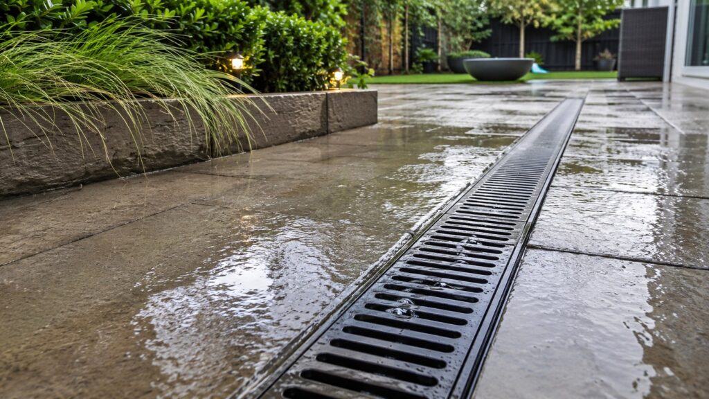 Patio Drainage 101: Avoiding Water Problems Before They Start 2 Flush channel drain collecting rainwater from a paved patio