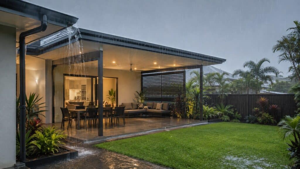Patio roof directing heavy rain into gutters and downpipes while the covered area stays dry.