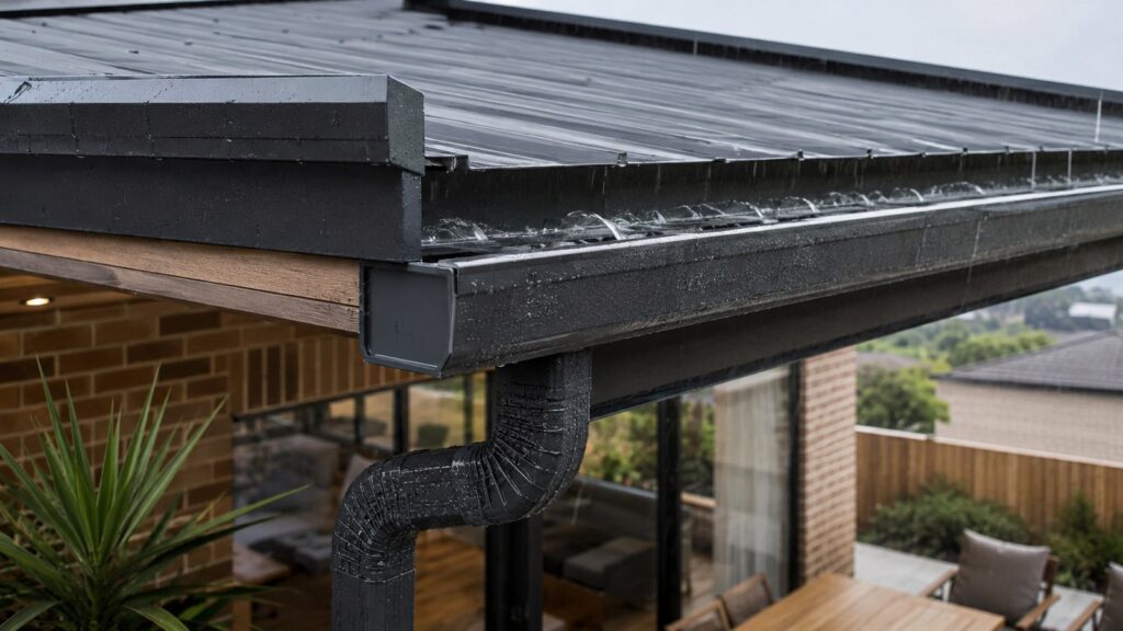 Patio Drainage 101: Avoiding Water Problems Before They Start 1 Patio roof directing rainwater into a properly sized gutter and downpipe