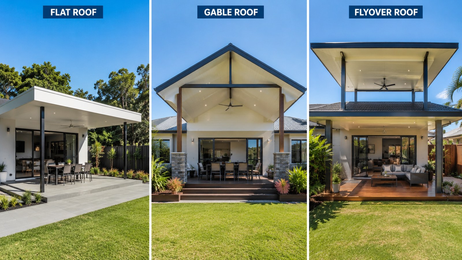 Flat, gable and flyover patio roof styles on modern Gold Coast homes.