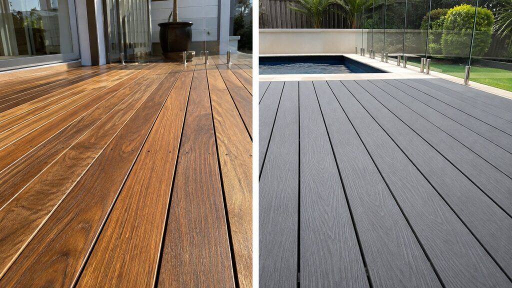 Side-by-side comparison of natural hardwood decking and composite decking boards.